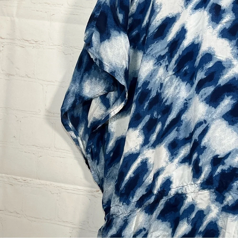 Lands' End Tie Dye Swim Cover Up Womens Large Blue Drawstring Waist Dress Tunic